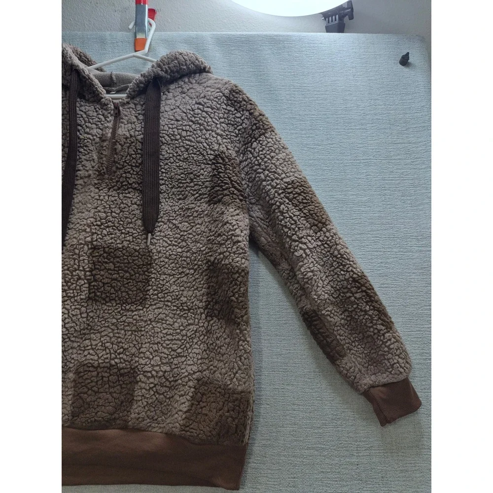 Womens Oversized Sherpa Hoodie Large Brown Check Stretch Ribbed Trim Winter
